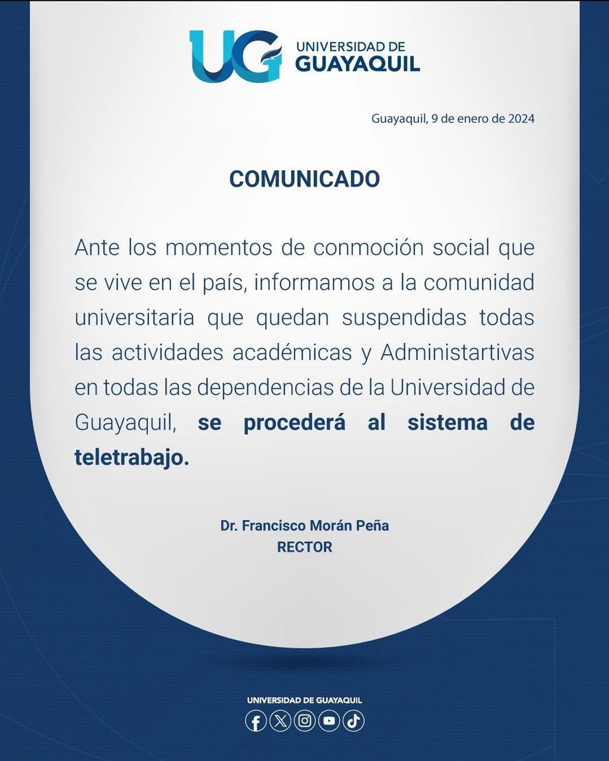 Comunicado de la Universidad de Guayaquil, en Ecuador, tras la toma de la institución por parte de elementos del narcotráfico, al mismo tiempo que tomaron una estación de televisión 