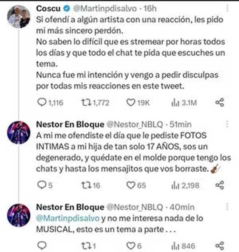 Néstor en Bloque acusó a Coscu de pedirle fotos a su hija