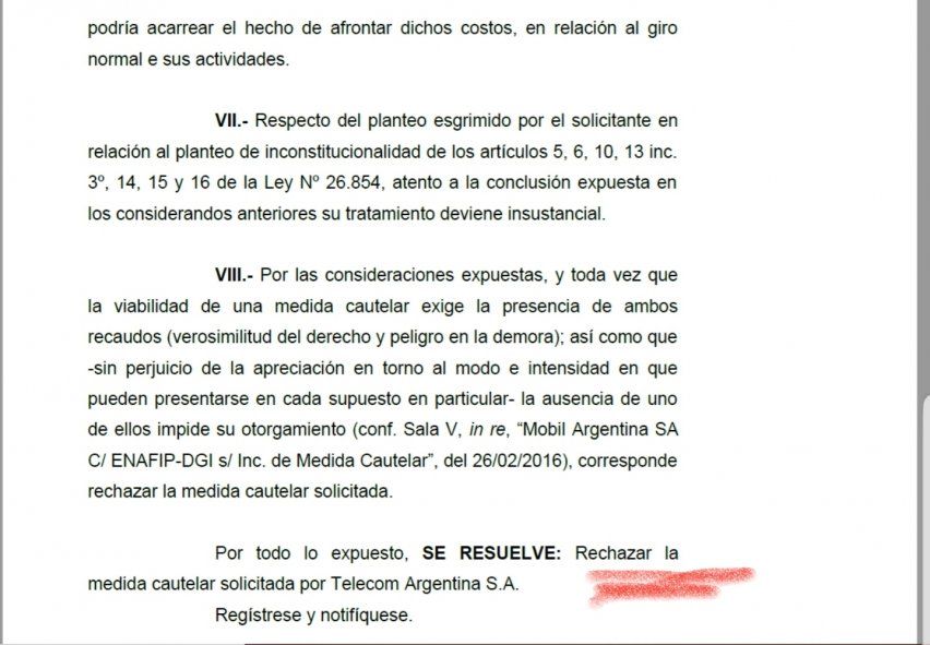 El fallo judicial que resuelve rechazar el amparo que le hubiera permitido a Telecom realizar el incremento en los servicios de Internet   