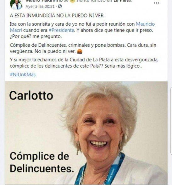 El mensaje agraviante hacia Estela de Carlotto que luego borró el funcionario Mauro Palumno de la Municipalidad de La Plata