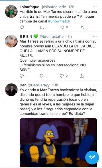 Comentarios en Twitter en contra de Mar Tarrés por los dichos a Miranda
