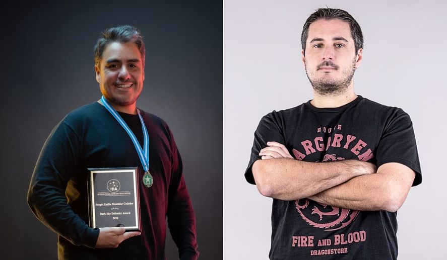 A la izquierda, el astrofotógrafo guatemalteco Sergio Montúfar Codoñer, protagonista del documental; a la derecha, Hernán Moyano, director de "El Camino Eterno".