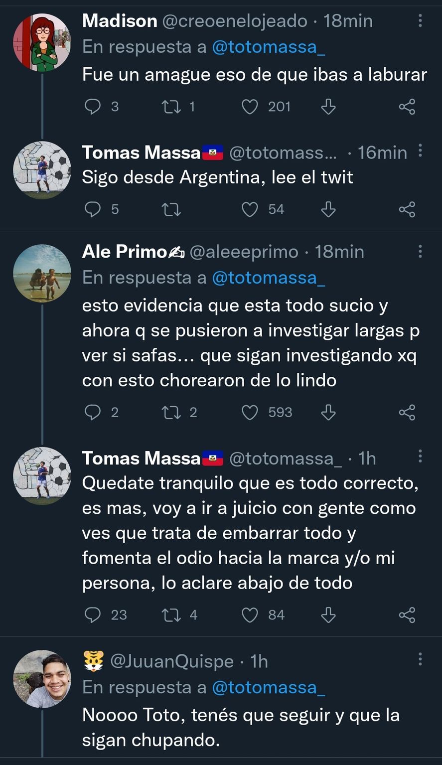 Alguna de las reacciones en redes sociales ante la renuncia de Tomás, el hijo del Ministro de Economía Sergio Massa, a la cobertura del Mundial de Qatar 2022