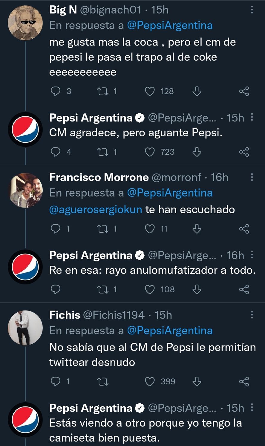 Algunas réplicas que provocó la intrusión de Pepsi en la publicidad de Coca Cola en Twitter, cuando el CM citó un spot como "Anulo Mufa"