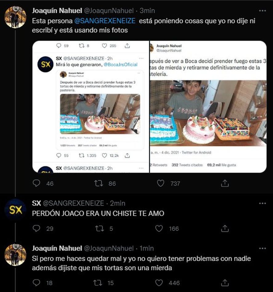 Buscando hacer un chiste una cuenta de Twitterde un hincha de Boca, el nene se sintió agraviado porque usaron su imagen con las tortas