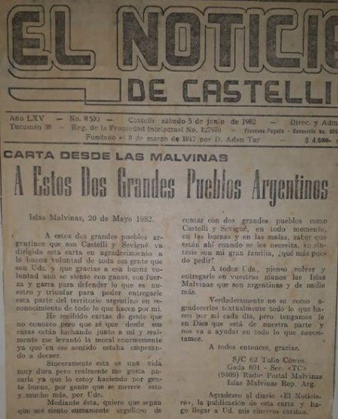 Desde las Malvinas Argentinas, Tulio Cowes envió una carta
