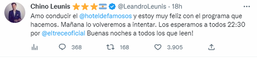 El Chino Leunis lamentó el bajo número de rating de "El Hotel de los Famosos" frente a Gran Hermano