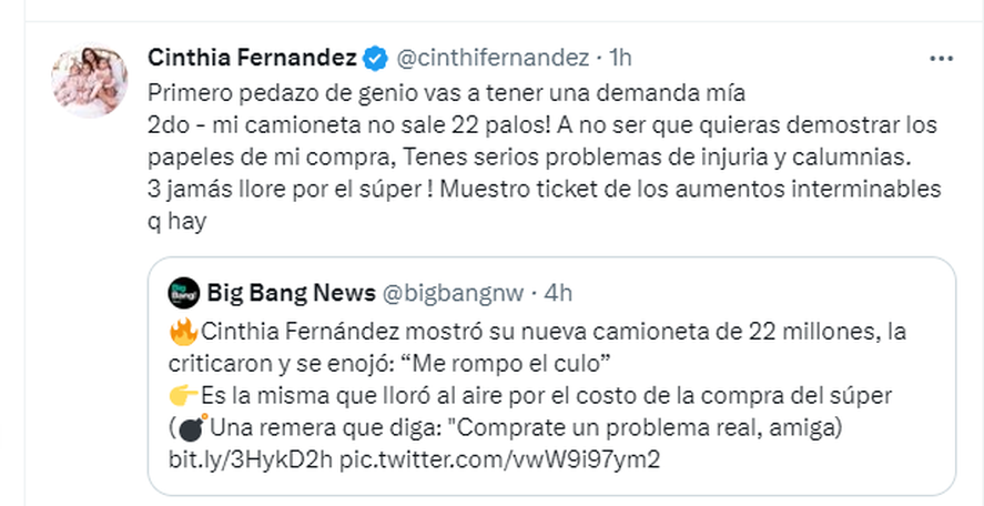 Cinthia Fernández indignada con un medio online