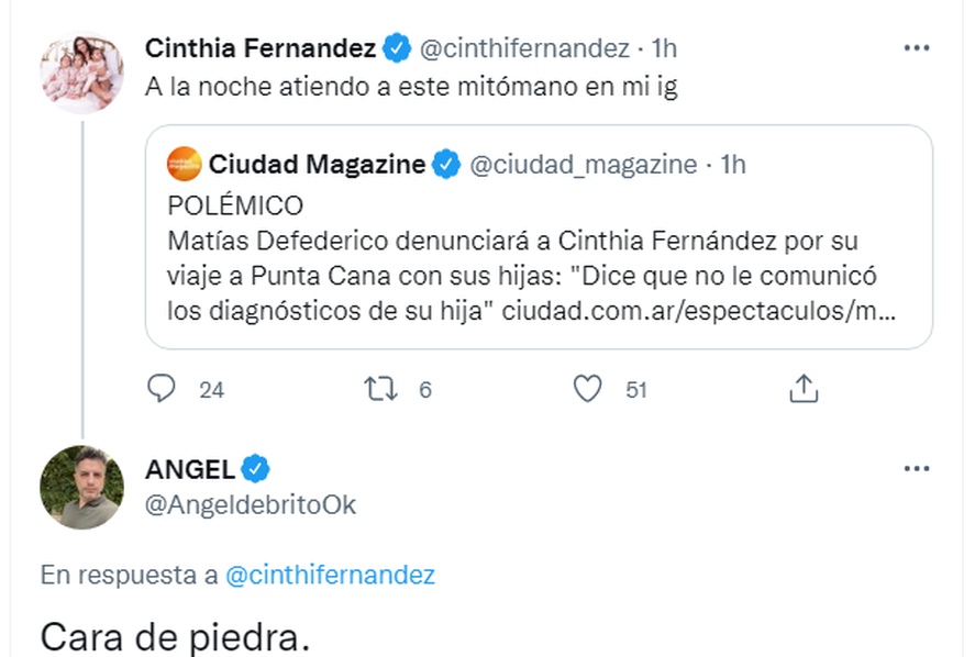 Cinthia Fernández le respondió a Matías Defederico en Twitter