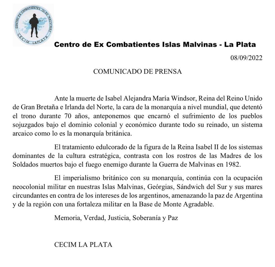 Comunicado de veteranos de Malvinas.