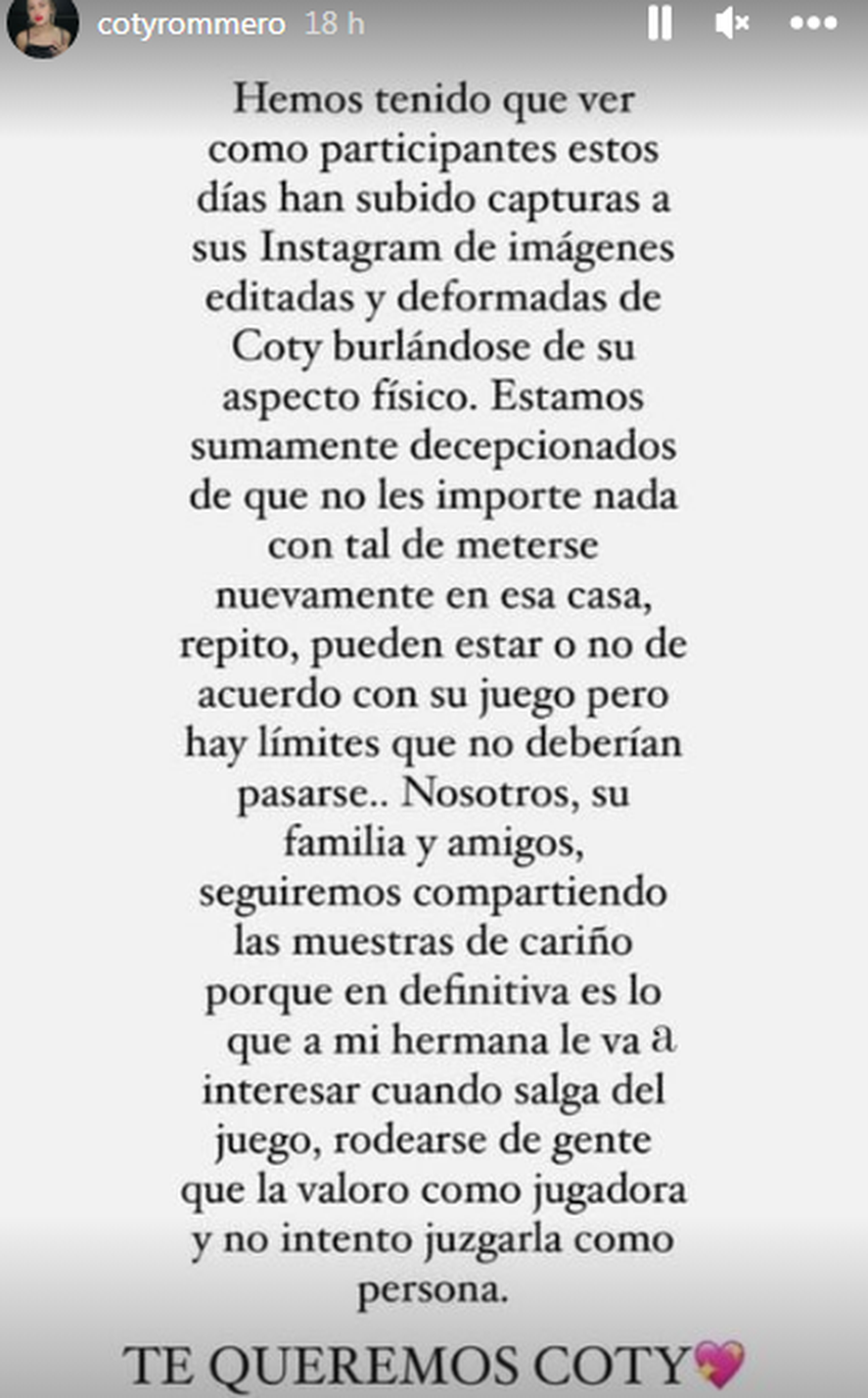 Gran Hermano: Coti Romero sufrió burlas en las redes y su familia salió a respaldarla.