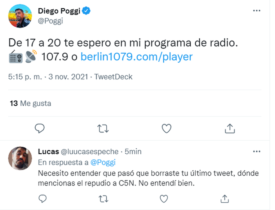 Un usuario de Twitter cuestionó a Diego Poggi por borrar el tuit en el que se refería a Mauricio Macri y C5N