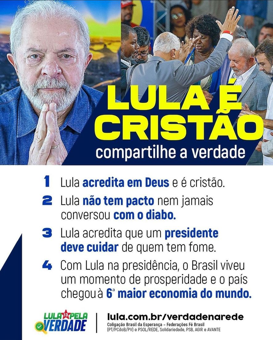 El afiche que publicó el propio Lula Da Silva afirmando ser cristiano, para disputar ese voto con el tradicionalmente religioso Jair Bolsonaro, en el próximo ballotage de Brasil del 30 de octubre