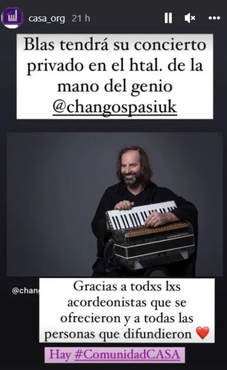 El agradecimiento formal a Horacio Chango Spasiuk por prestar su colaboración y tocar el acordeón para un adolescente con una enfermedad terminal en el Garrahan 