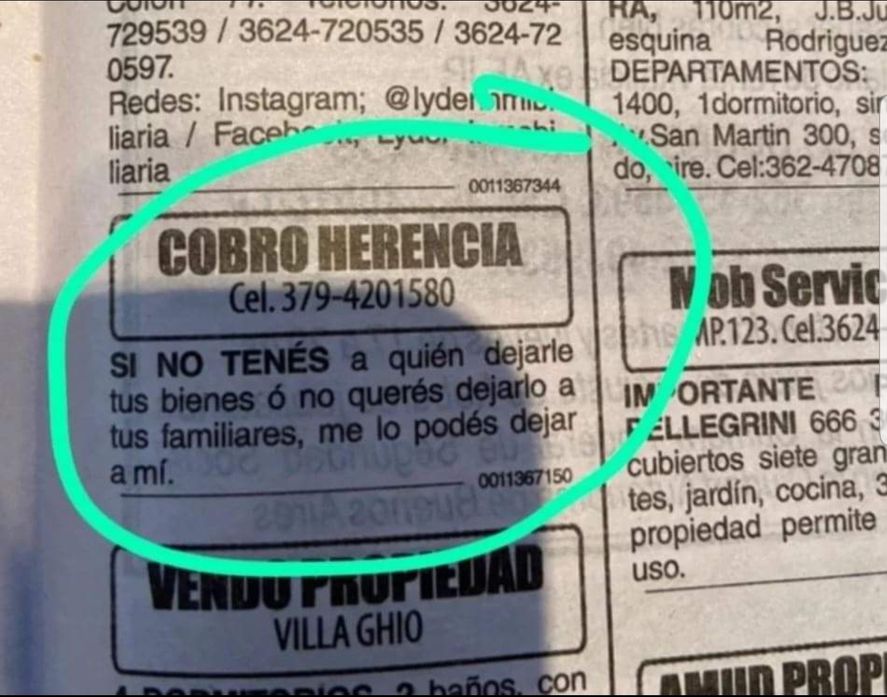 El insólito aviso clasificado, postulándose a cobrar herencia, aparecido en un diario de Corrientes y otro de Chaco