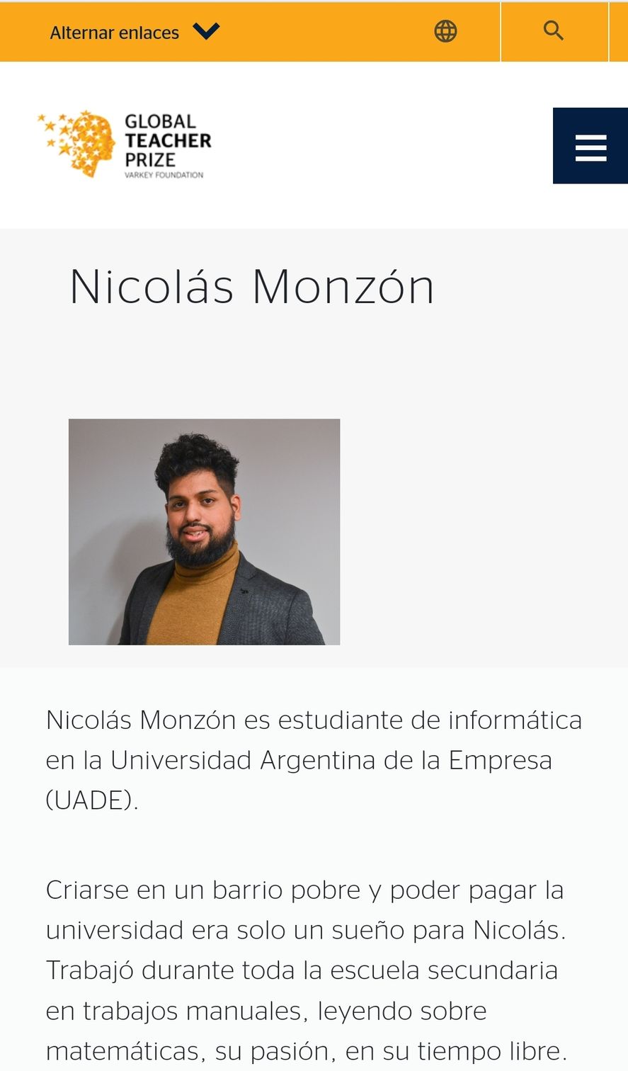 El perfil de Nicolás Monzón, el joven nacido en Quilmes, en la página oficial de la organización que entrega el premio al mejor estudiante del mundo