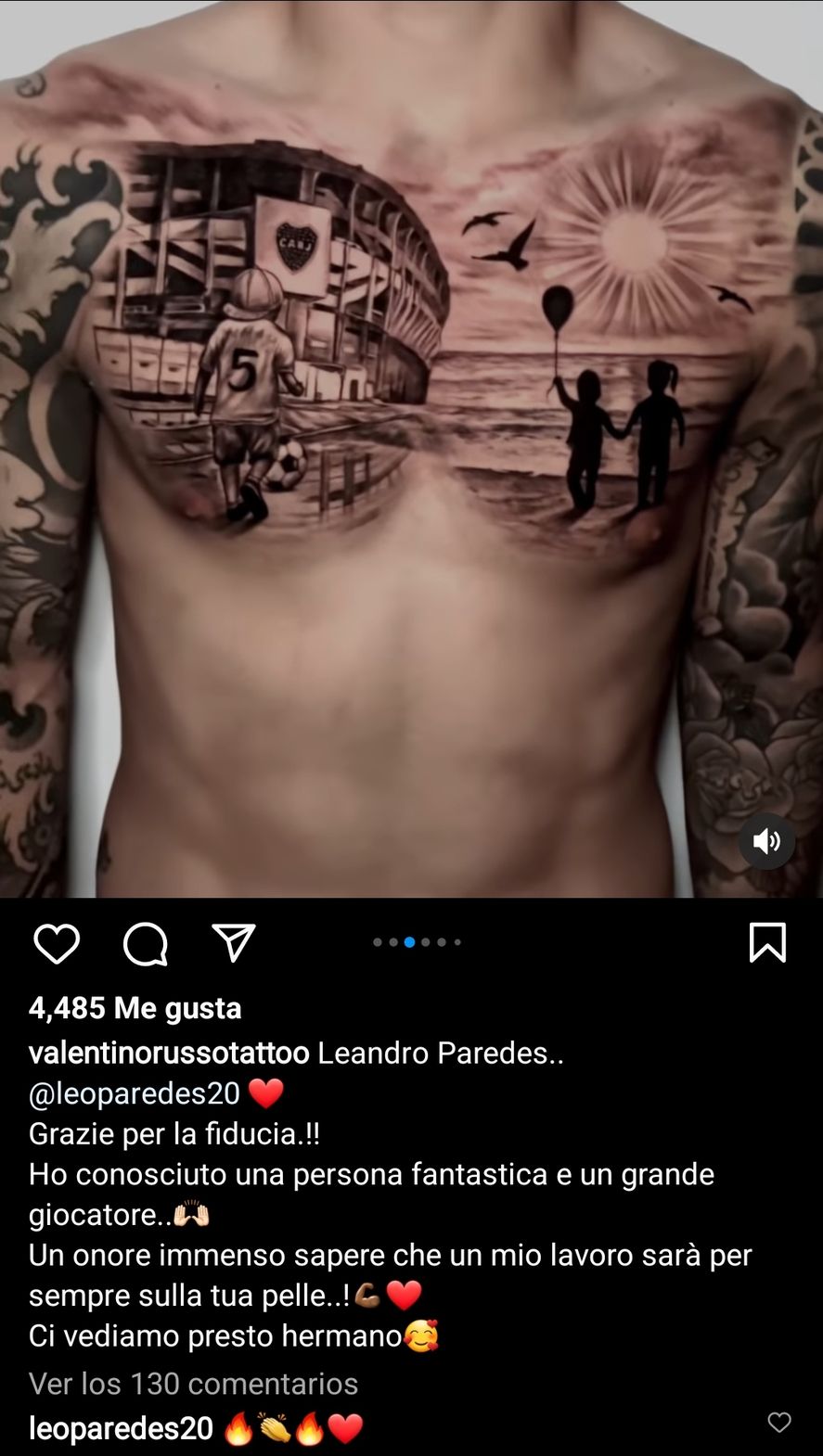 El posteo del tatuaje de la Bombonera fue compartido en Instagram por el artista italiano que lo realizó en la piel del ex jugador de Boca Leandro Paredes, hoy volante en la Juventus de Torino y en la Selección Nacional 
