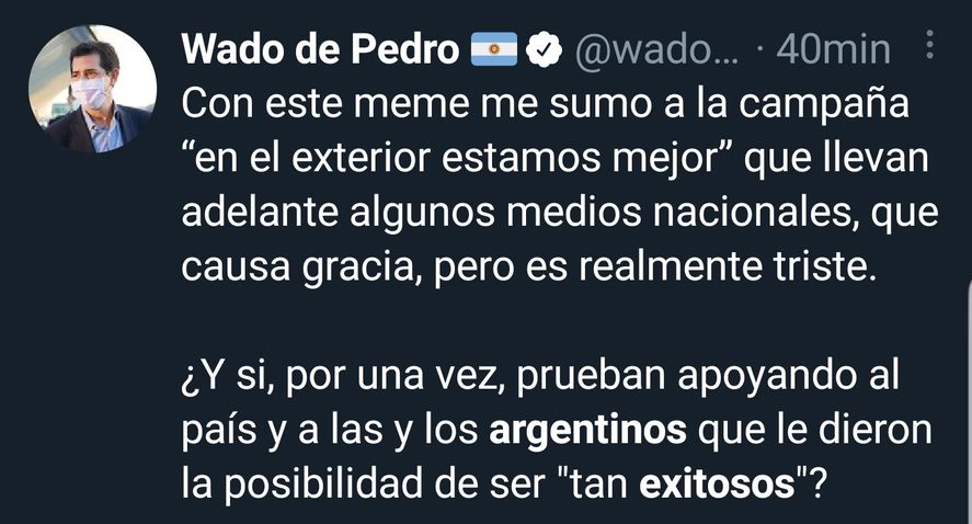 El tweet del Ministro del Interior, Wado de Pedro que acompaña la irónica campaña de los
