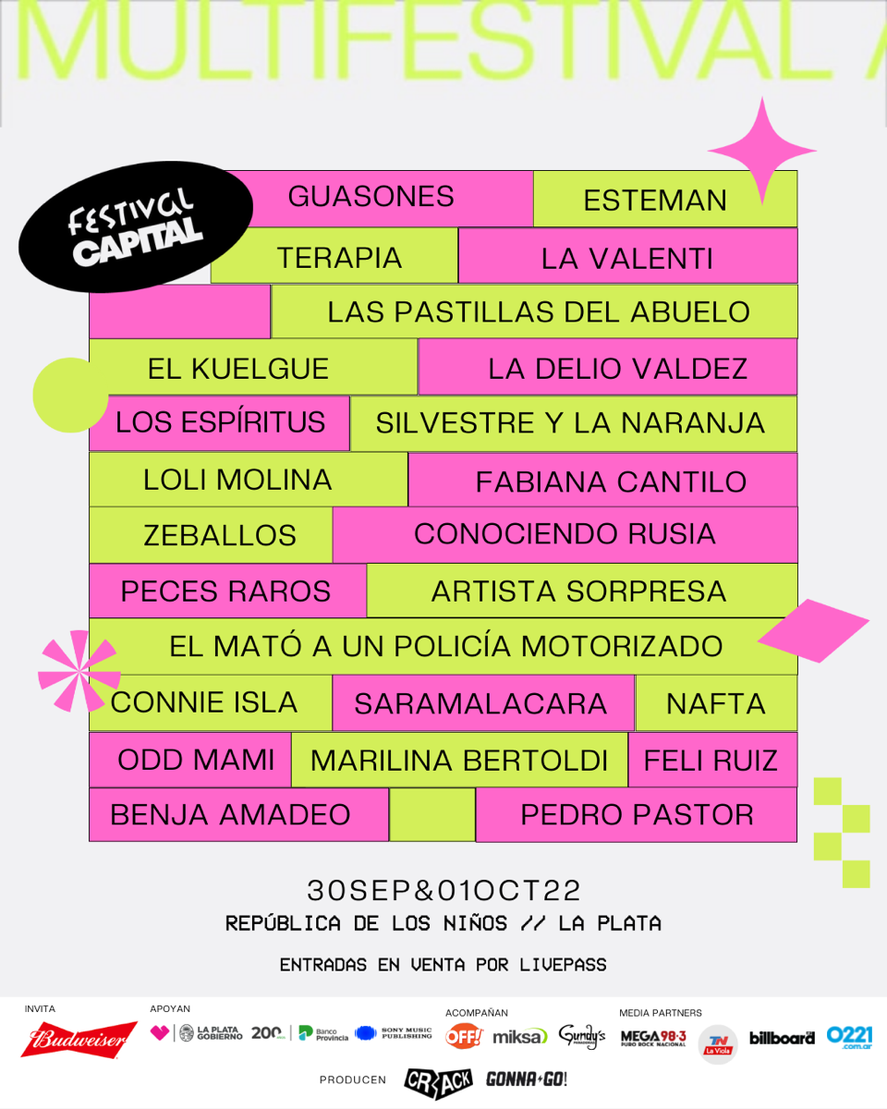 Esta es la grilla de la tercera edición del Festival Capital que se llevará a cabo entre septiembre y octubre de este año, en La Plata. 