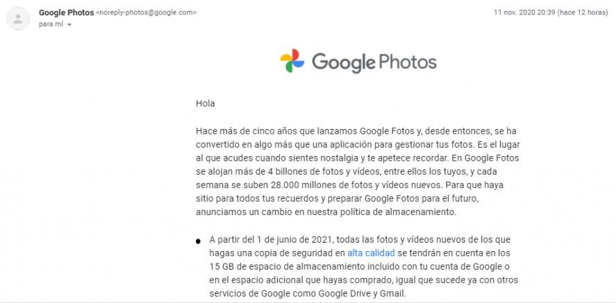 Google comenzará a cobrar el almacenamiento de fotos y lo comunicó por mail a los usuarios.