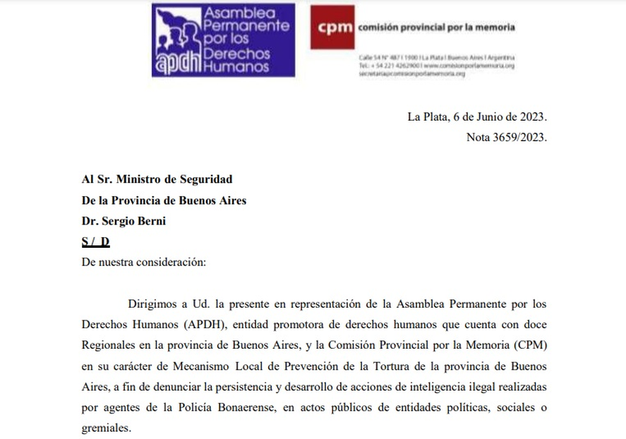 La CPM y la APDH denunciaron ser víctimas de espionaje ilegal a través de una carta dirigida a Sergio Berni.
