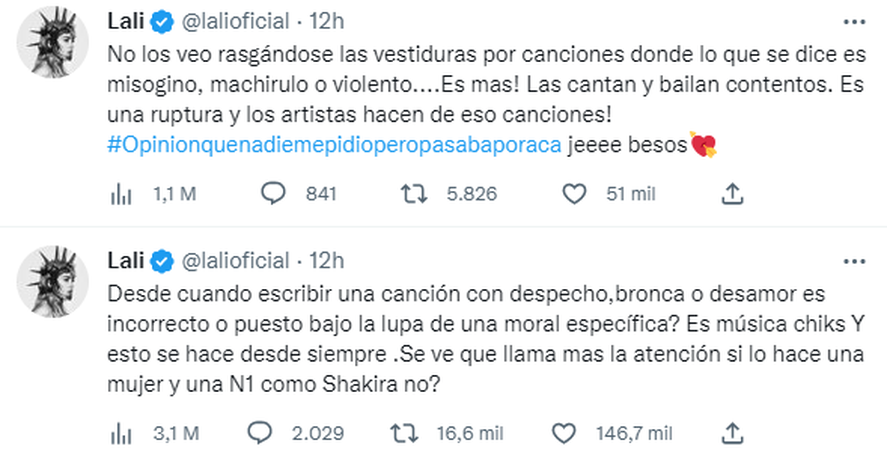 Lali Espósito opinó sobre las críticas a la canción de Shakira y Bizarrap en Twitter