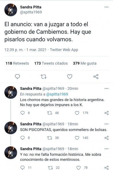 Los agresivos y poco académicos tweets de Sandra Pitta contra el gobierno nacional
