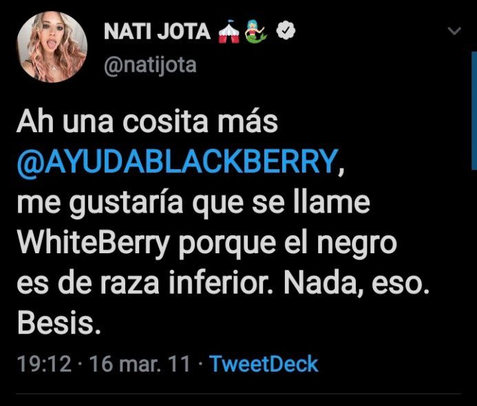 La cuenta racista de Twitter de Nati Jota