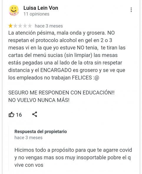 Un ejemplo de las respuestas que da la Cervecería en los comentarios de los clientes en Google 