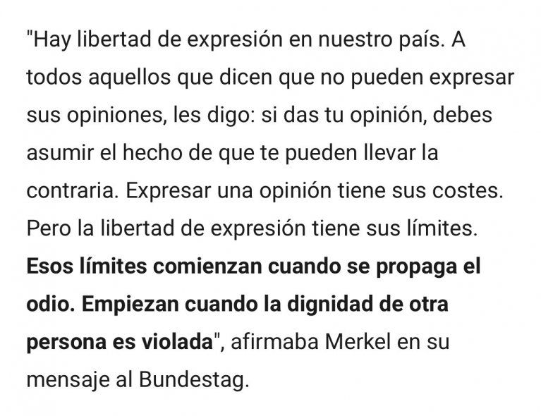 Fragmento del discurso de Ángela Merkel hablando del odio y de los límites de la libertad de expresión 
