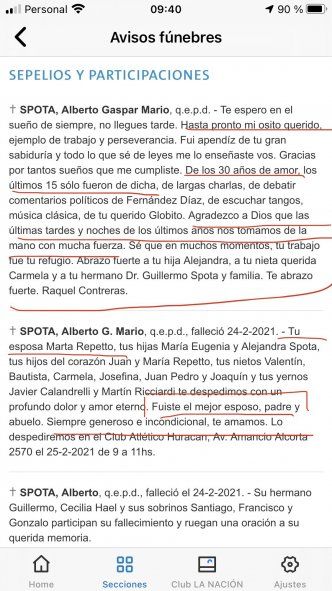 Los mismos 2 avisos fúnebres desde la pantalla de un celular de la usuaria que lis dio a conocer con frases renarcadas de la esposa y de la amante 