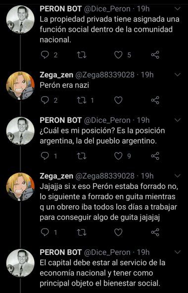El último debate en viralizarse entre la cuenta bot de Perón en Twitter y un