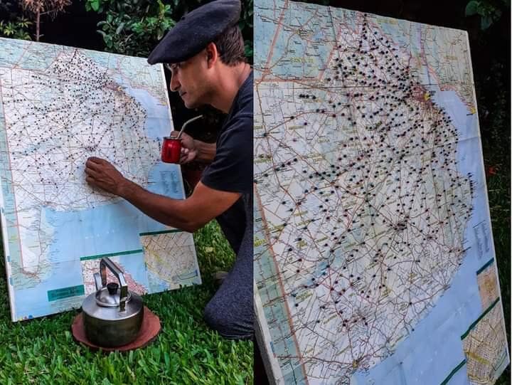 El mapa de la provincia en el que Iván marca cada lugar al que va. Foto: gentileza Iván Engels.