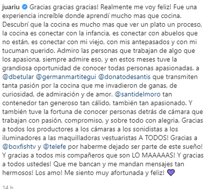 El posteo emotivo de juariu luego de dejar MasterChef celebrity