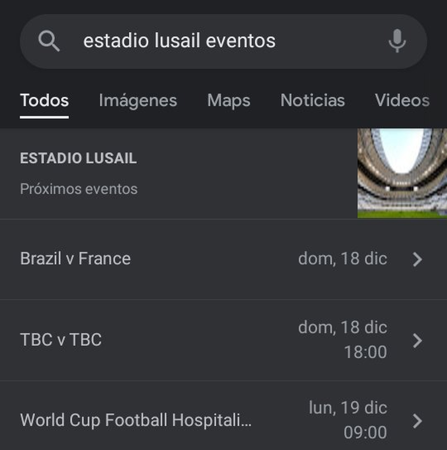 La captura de pantalla de la búsqueda en Google que arroja como certeza que la final del Mundial Qatar 2022 en el Lusail Estadio será entre Brasil y Francia