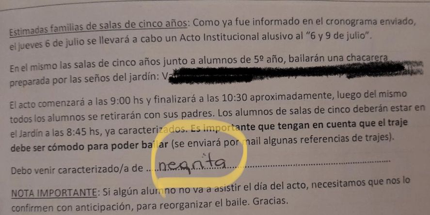 La nota de la polémica que invita al acto del Día de la Independencia pidiendo que la nena utilice una caracterización de 