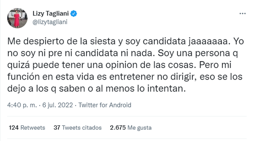 Lizy Tagliani negó intenciones de meterse en política en sus redes