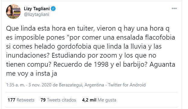 Lizy Tagliani y su tuit de madrugada, la hora en que los haters no la atacan.