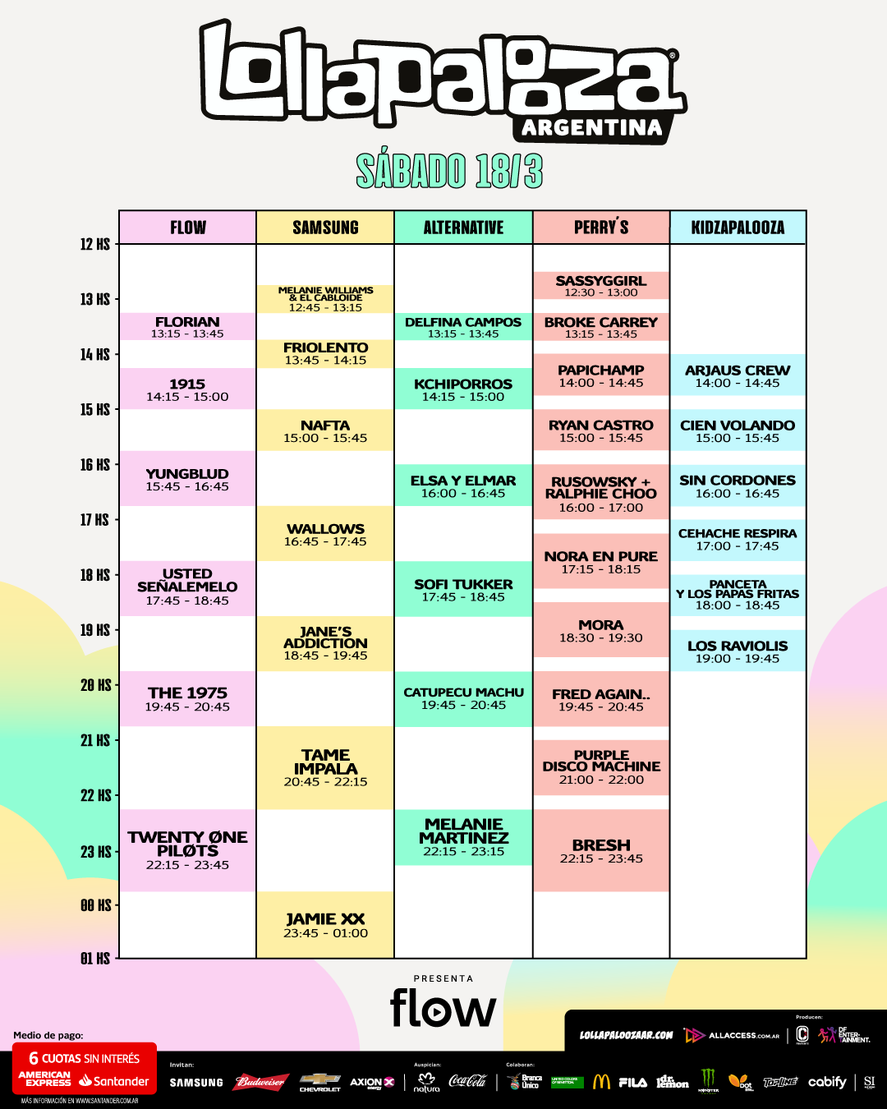 LOLLAPALOOZA 2023: horarios sábado 18 
