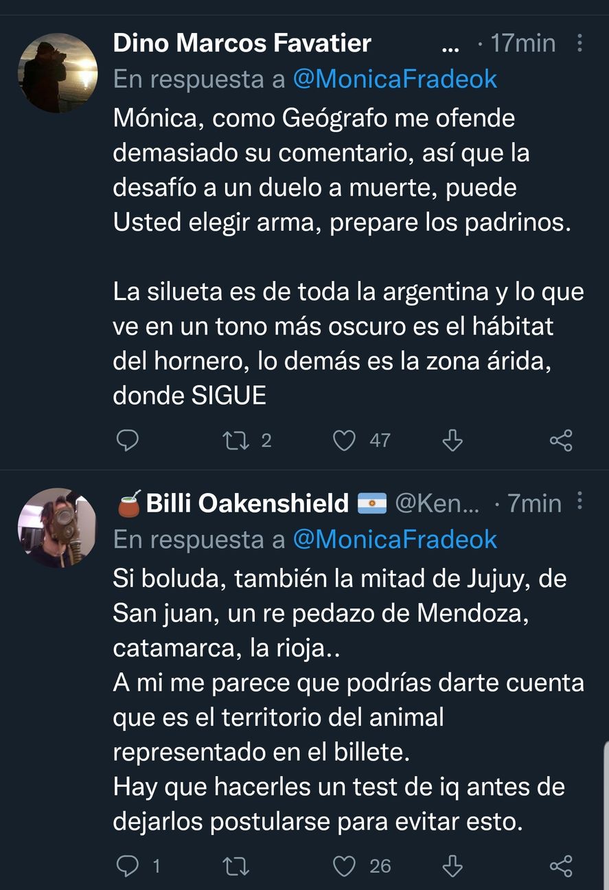 Los comentarios al mensaje erróneo de la Diputada Mónica Frade de Juntos por el Cambio, con la confusión entre el hábitat del hornero y la geografía de la Patagonia de Chile en los billetes de 20 pesos