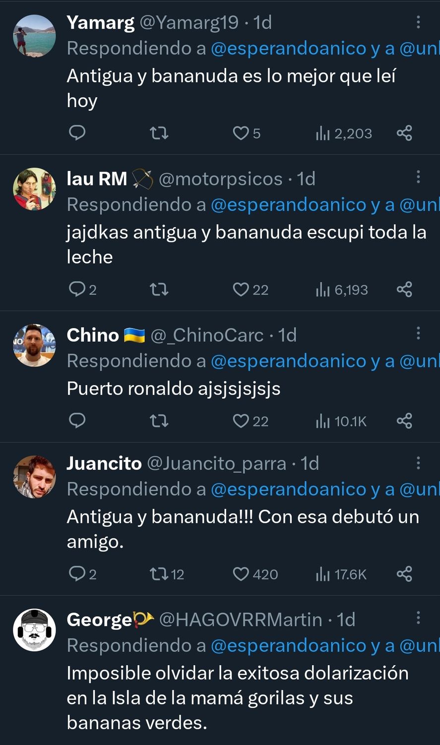 Los comentarios en redes por el plan de dolarización de Javier Milei. Se burlan de los países que implementaron esta idea, y los identifican con la fruta "banana" Los comentarios en redes por el plan de dolarización de Javier Milei. Se burlan de los países que implementaron esta idea, y los identifican con la fruta "banana"