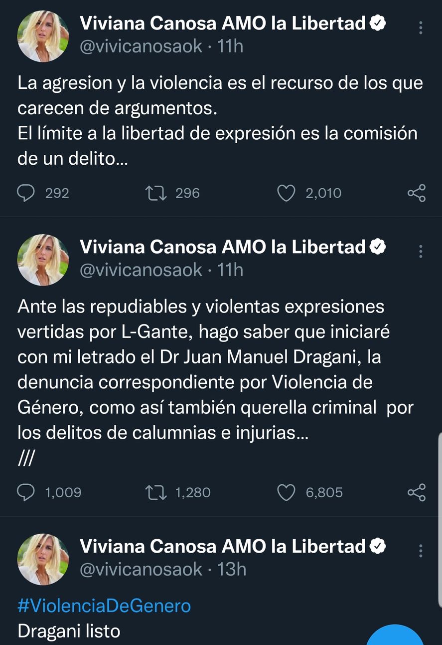 Los mensajes en Twitter en los cuales Viviana Canosa anuncia que iniciará acciones legales por violencia de género contra el artista de Trap, L-Gante. 