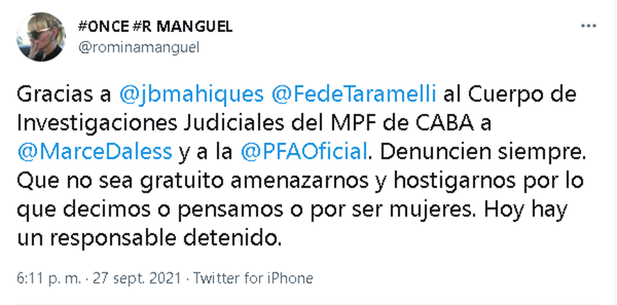 Detuvieron a un joven acusado de hostigar y amenazar a Romina Manguel