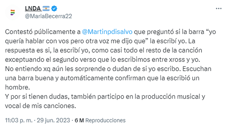 A través de Twitter, María Becerra le contestó a Coscu luego de que el streamer ponga en duda si la cantante escribió la canción "Corazón Valiente".