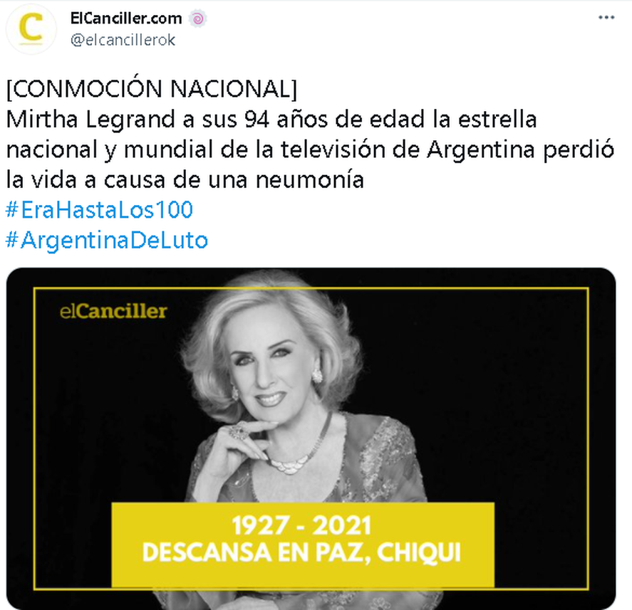 Cuentas que se hacen pasar por medios de comunicación dieron por muerta a Mirtha Legrand