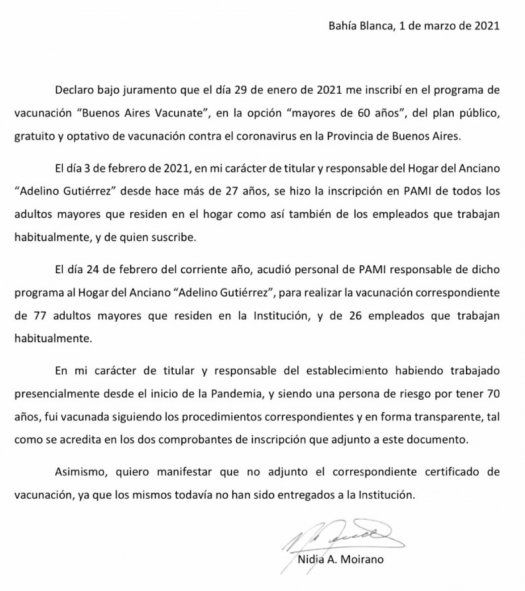 La declaración de Nidia Moirano sobre cómo recibió la vacuna contra el coronavirus