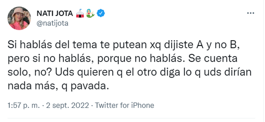 Nati Jota se cruzó con sus seguidores por el atentado a Cristina