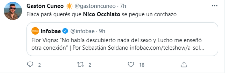 Uno de los tuits que reaccionaron a la declaración de Flor Vigna sobre el sexo con Luciano Castro