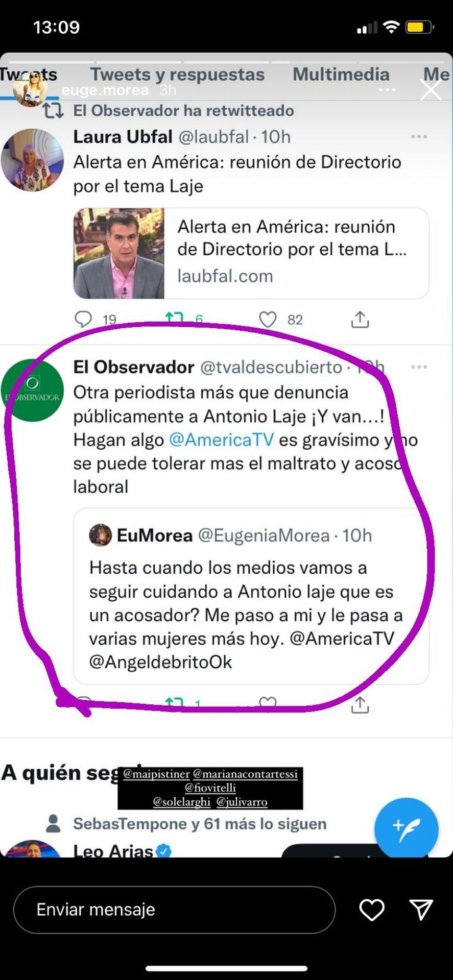 Otra captura de los dichos de la periodista Eugenia Morea hacia Antonio Laje y el maltrato y acoso que asegura haber recibido ella y otras mujeres en el canal América 