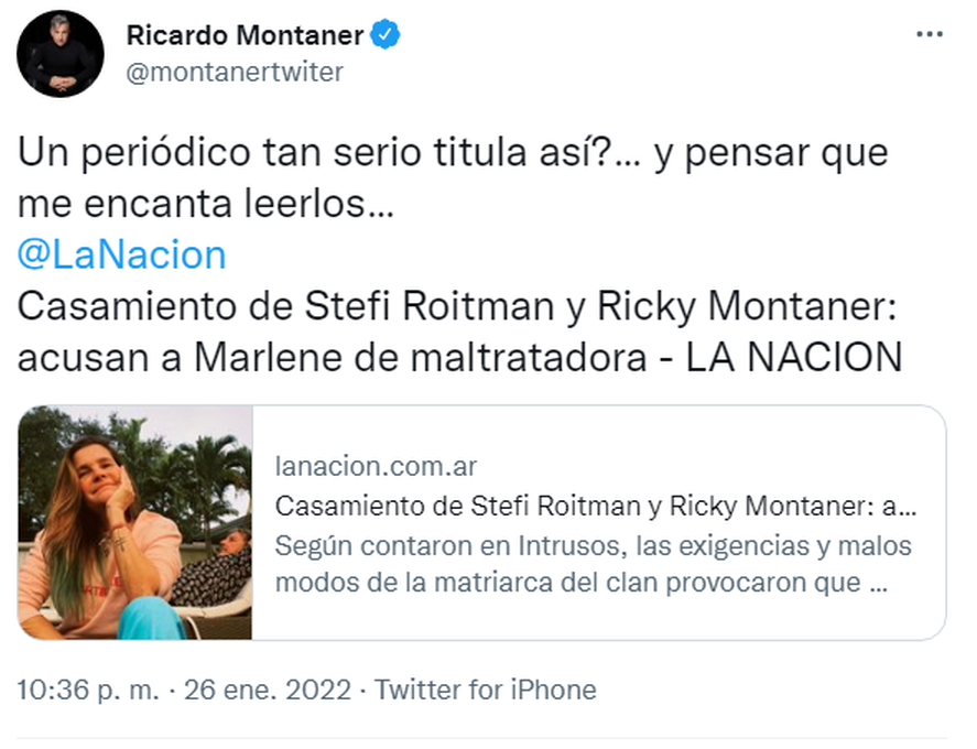 Ricardo Montaner se enufreció con La Nación por una nota en la que hablaban de su esposa